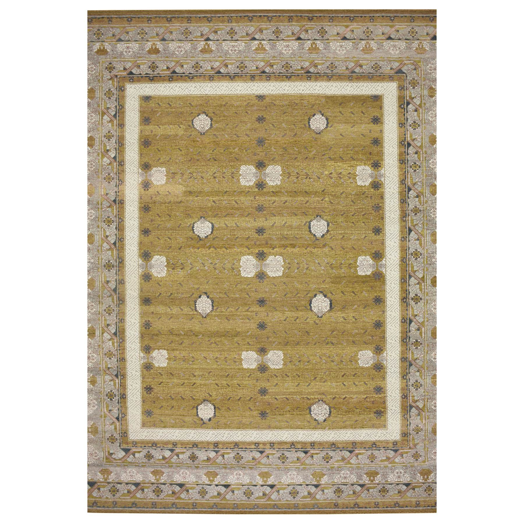 12'1"x15'2" Golden Yellow, Pinecone Design, Hand Knotted, 100% Wool, Shaved Low, Densely Woven, XL, Oversized, Oriental Rug 